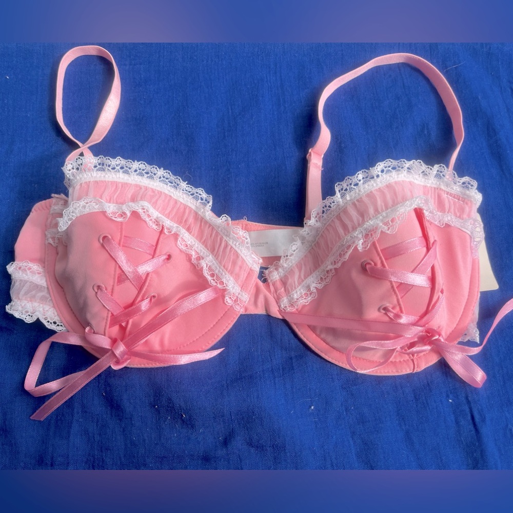 NWT vtg Coquette Y2K Baby Pink Lolita white lace up frilly bow bra delicates 34C